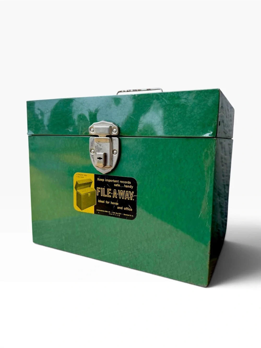 Vintage 1960s File-A-Way Green Metal Storage Box with Locking Latch